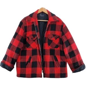 Vtg Brewster Jacket Mens XL Red Black Buffalo Plaid Flannel Wool Linen Quilted